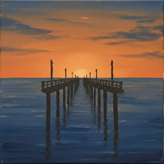 A long wooden pier creating a dark silhouette extending into a calm ocean under a colorful sky.