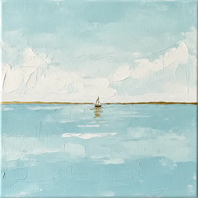 A small white sailboat on a vast blue ocean, creating a sense of distance and scale.