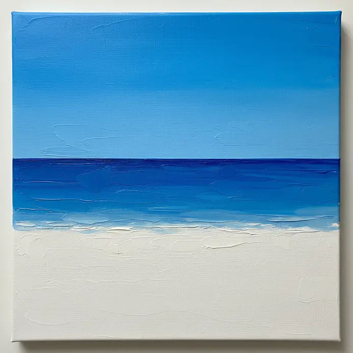A high-contrast beach painting with a bright blue sky, deep blue ocean, and white sand under strong sunlight.
