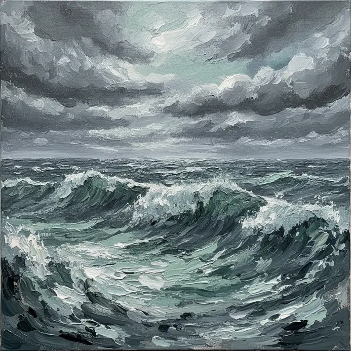 A dramatic seascape with layered grey and white clouds over a turbulent, dark blue ocean.