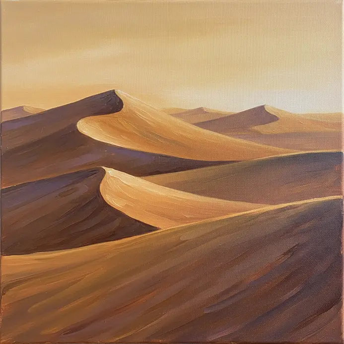 Sand dunes painted with warm orange and yellow light, casting long, soft purple shadows.