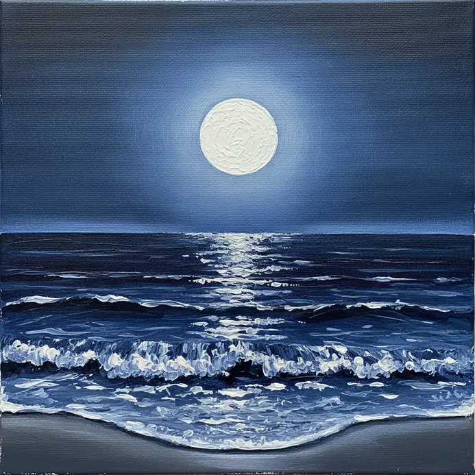 A night beach scene with a glowing white moon reflecting on deep blue, textured waves.