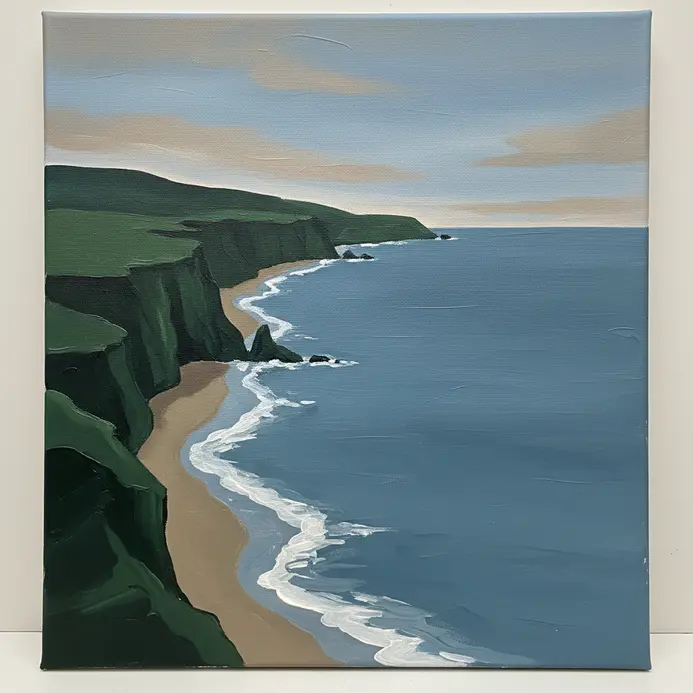 A beach view from above, featuring dark green cliffs, a straight horizon, and waves hitting the shore.
