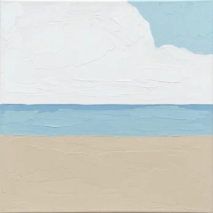 A simplified beach scene with large areas of white sand, pale blue water, and a light blue sky.