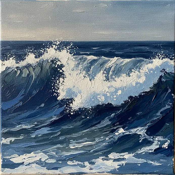 Close-up view of ocean waves with white, textured foam created using a dry brush technique.