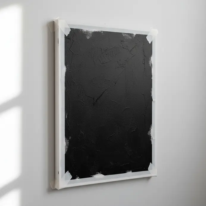 A close-up view of a canvas with masking tape securing its corners on a wooden table, ready for acrylic painting.