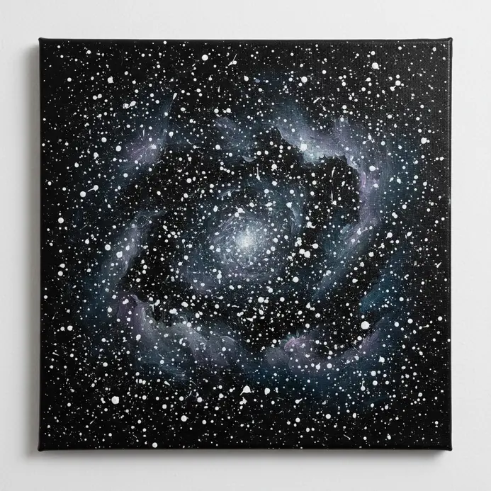 Tiny white splatters of diluted acrylic paint scattered across a dark background to represent distant stars.
