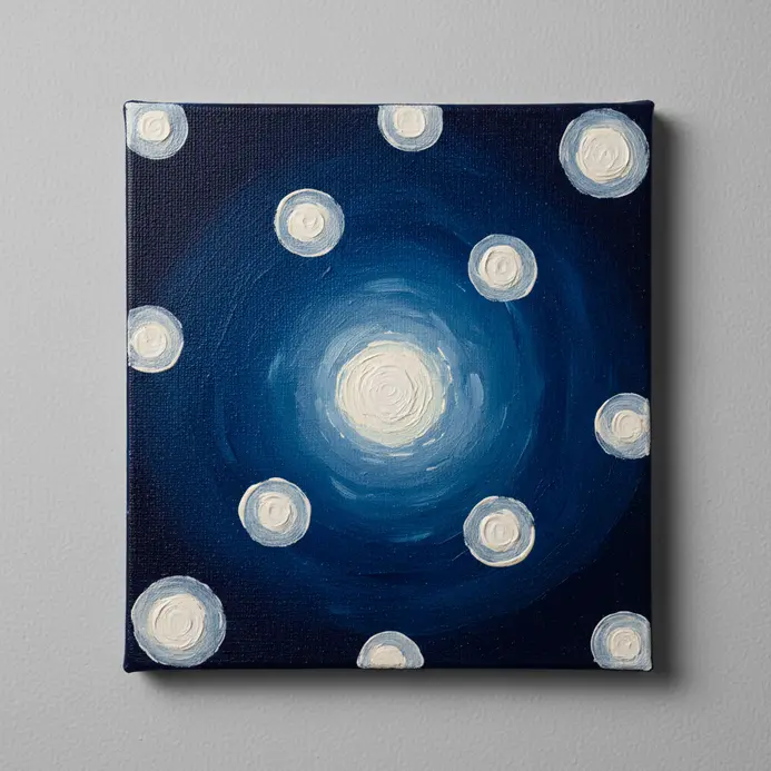 A paint brush twisted to dab white acrylic paint, forming larger star shapes in the galaxy.