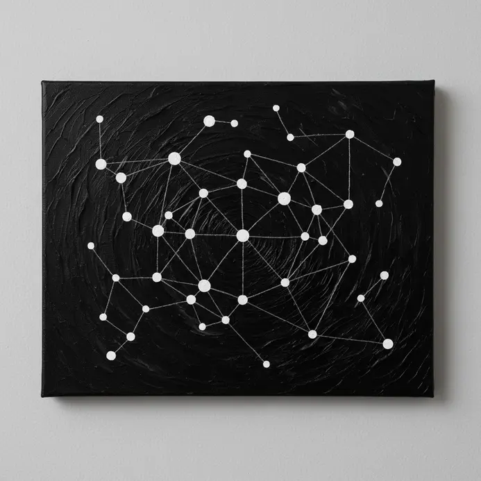 A fine liner brush adding tiny white dots to form constellation patterns in the galaxy painting.
