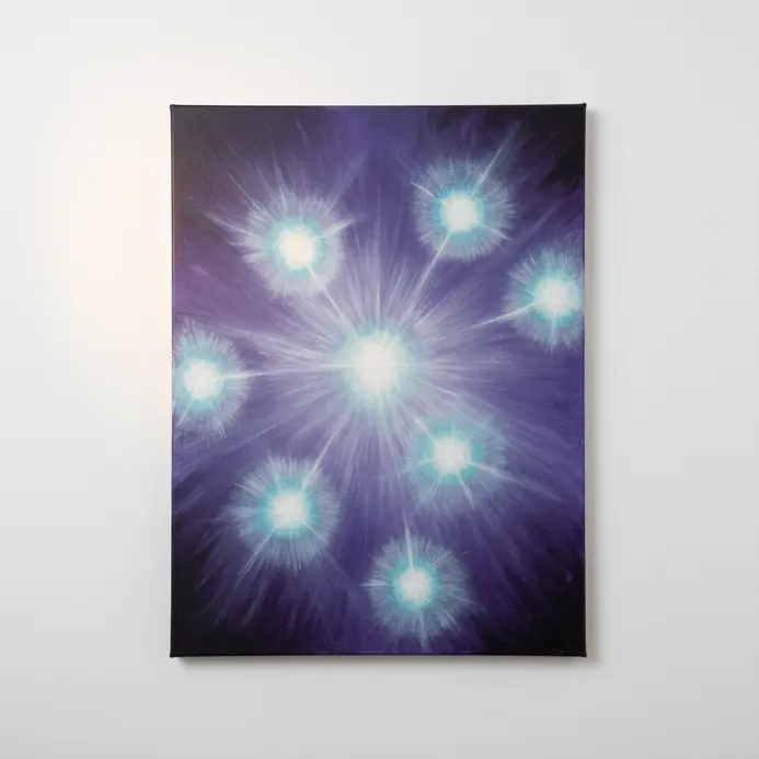 Soft white halos painted around larger stars to create a luminous glow effect in the acrylic galaxy.