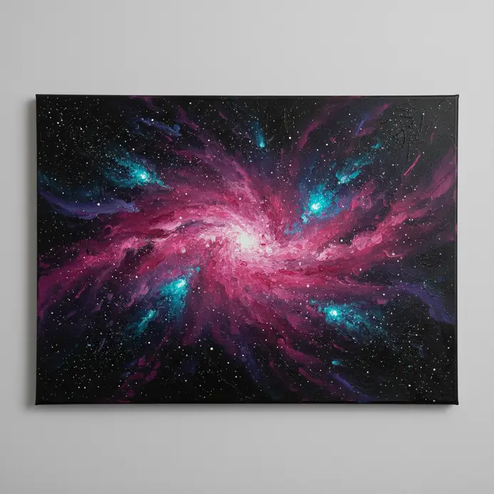 A person examining the color balance of an acrylic galaxy painting under good lighting.
