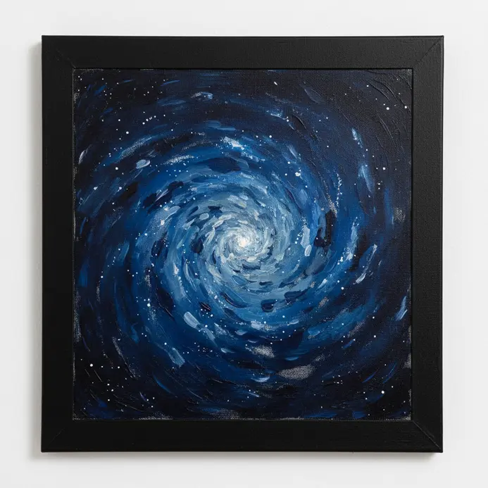 Using a small brush to apply black acrylic paint for touchups along the edges of the galaxy painting.