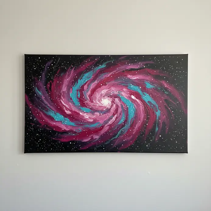 A completed acrylic galaxy painting held near a window to examine colors under natural lighting conditions.