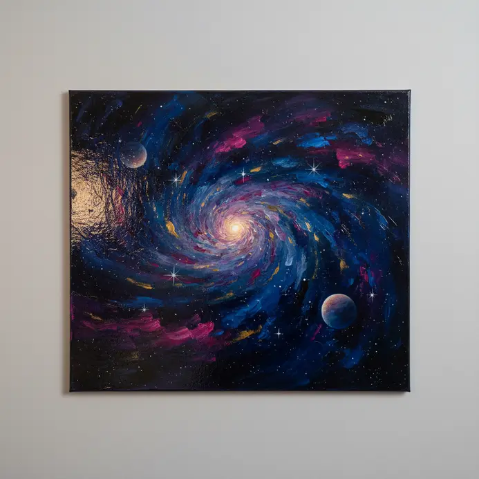 Applying a clear acrylic varnish with a soft brush to protect the surface of the galaxy painting.