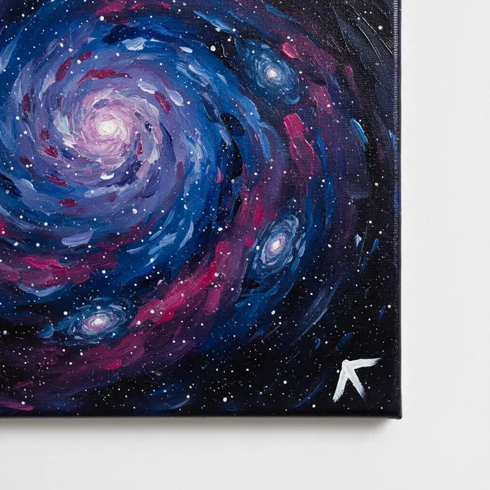 A hand using a fine brush to sign a name in the bottom corner of the acrylic galaxy painting.