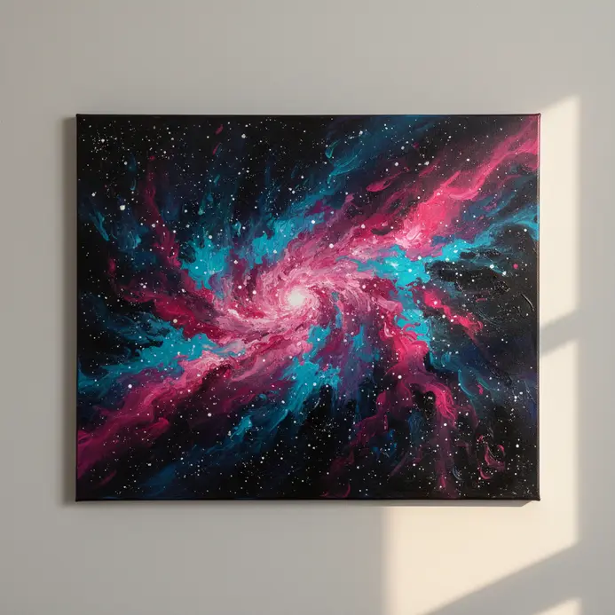 A completed acrylic galaxy painting displayed on a wall or shelf in a well-lit room.