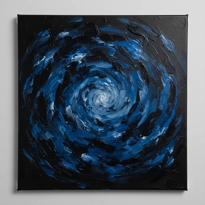 A painting showing dark blue acrylic strokes blended over a black base to create depth.