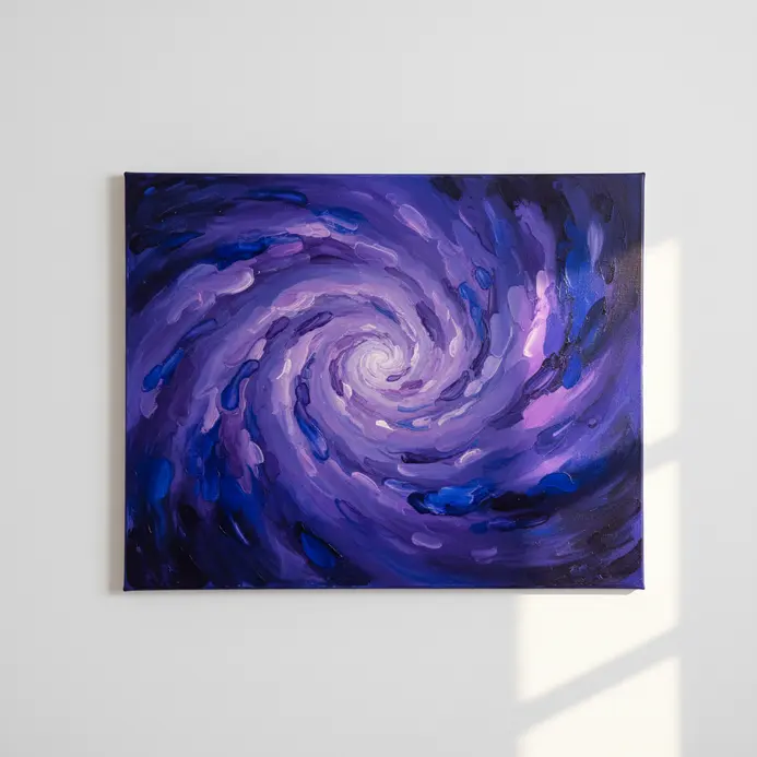 Violet and blue acrylic paints softly blended together on a dark background to form nebula-like clouds.