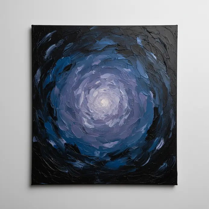 A canvas with dried acrylic background layers of black, blue, and violet, ready for next steps.
