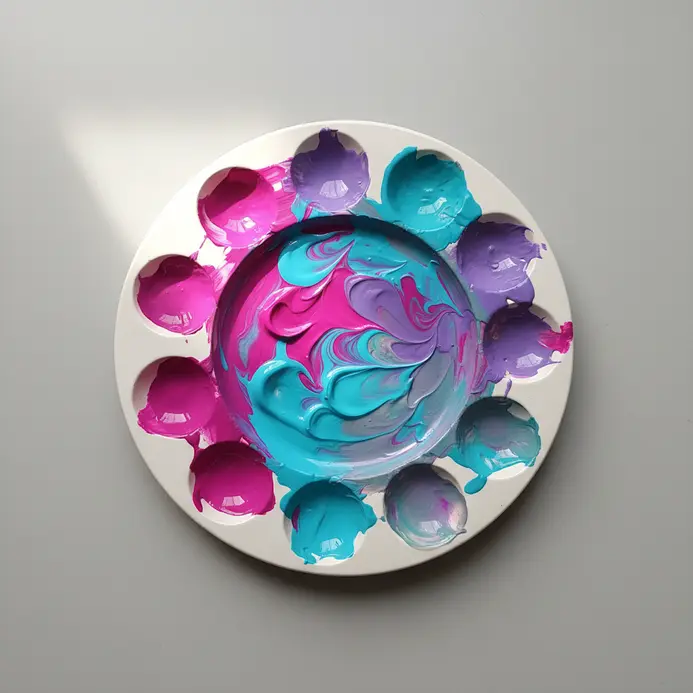 A paint palette showing vibrant magenta and turquoise acrylic colors mixed for nebula effects.