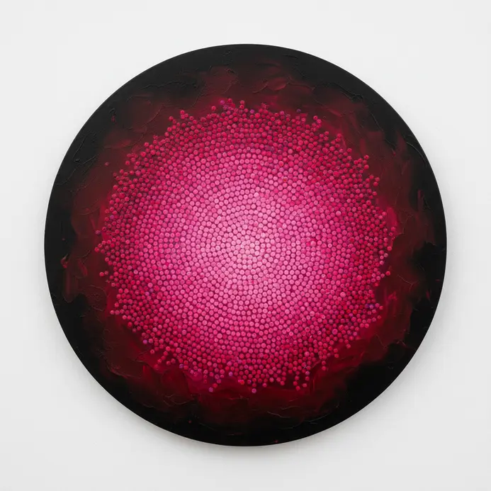 A close-up of magenta acrylic paint dabbed in a circular shape to form the core of a nebula.