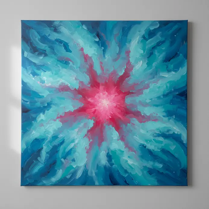 Turquoise acrylic paint applied around a magenta core to create a colorful nebula cloud on canvas.