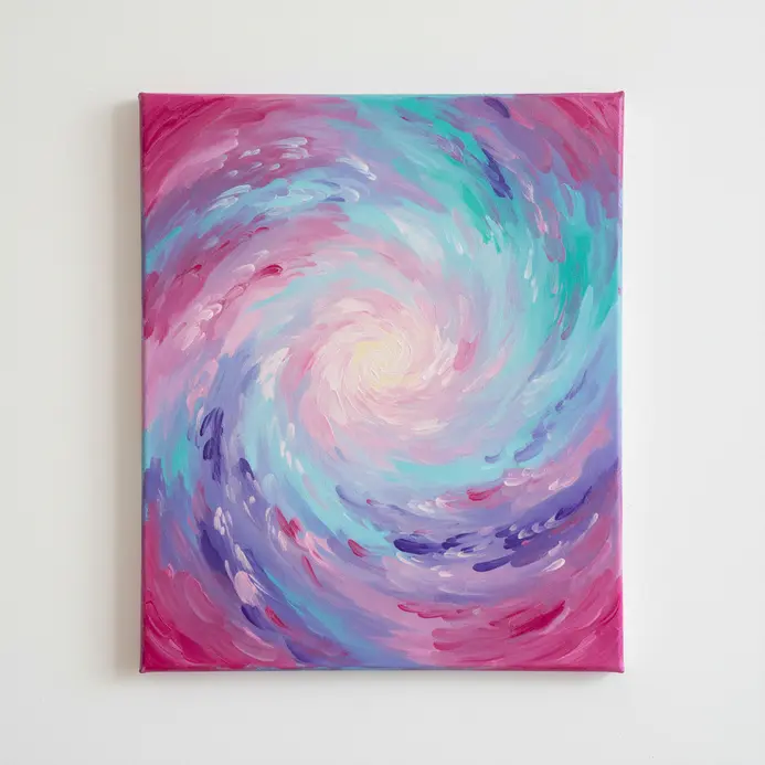 The soft blending of magenta and turquoise acrylic paints to create seamless nebula transitions.