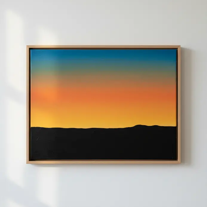A minimalist acrylic landscape with a smooth gradient from yellow to orange to deep blue sky above a black silhouette land.