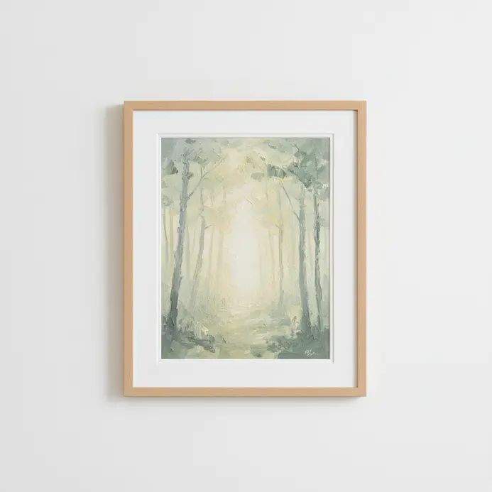 A misty forest landscape painted with thinned acrylics, showing soft grey trees and a light-filled clearing.