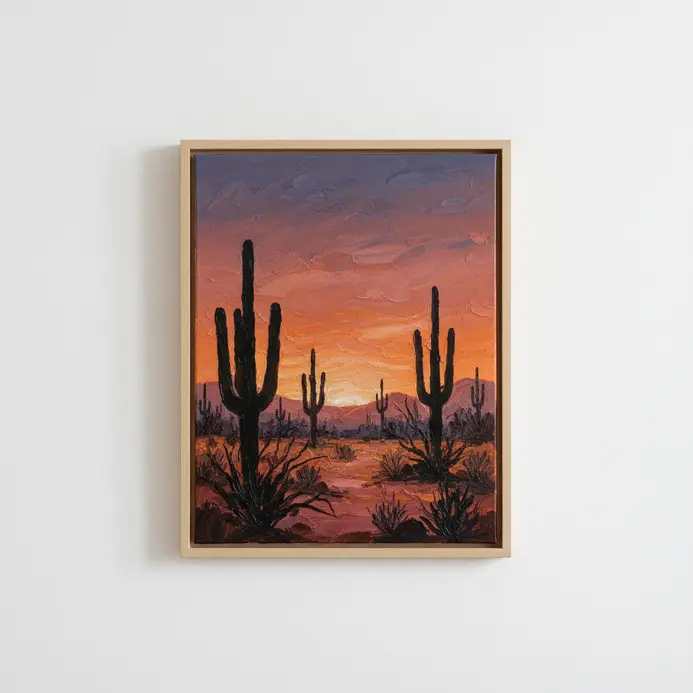 A desert landscape at sunset painted in acrylics, with dark green cactus shapes against a bright orange and pink sky.
