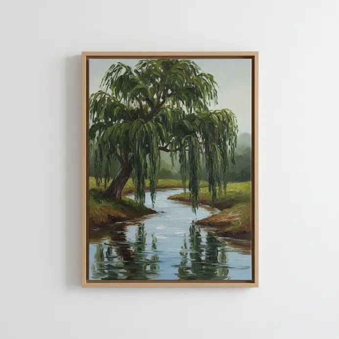A peaceful riverbank scene in acrylics featuring a large willow tree with drooping branches over calm blue water.
