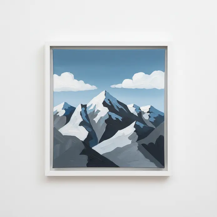 A modern abstract mountain landscape using acrylic paint in solid blocks of blue, grey, and white.