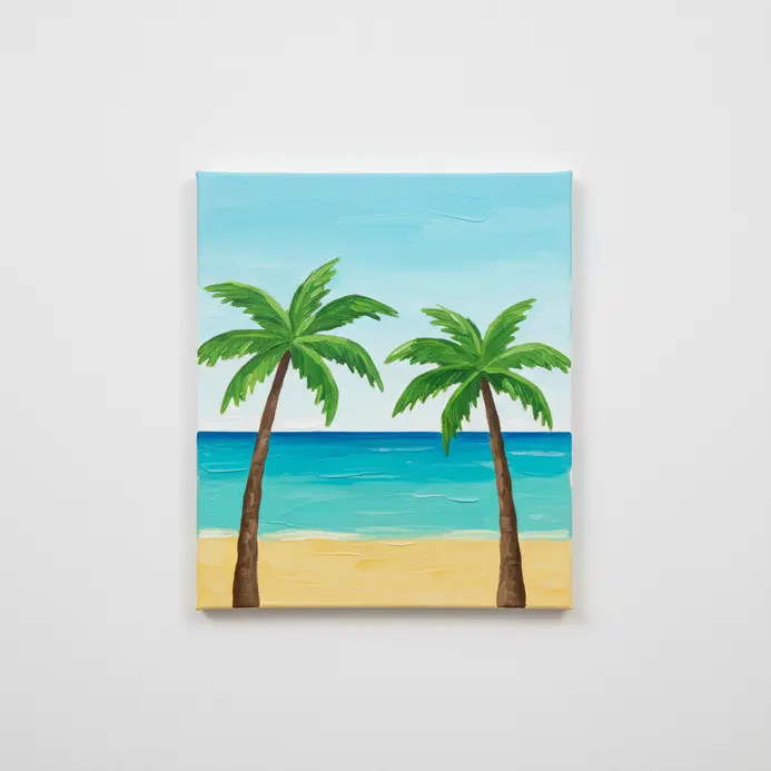A bright beach scene painted in acrylics with green palm trees, yellow sand, and a band of blue ocean and sky.