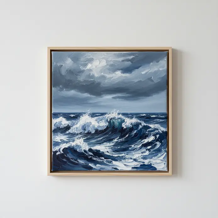 A dramatic seascape in acrylics with dark blue and grey waves topped with white foam under a stormy sky.