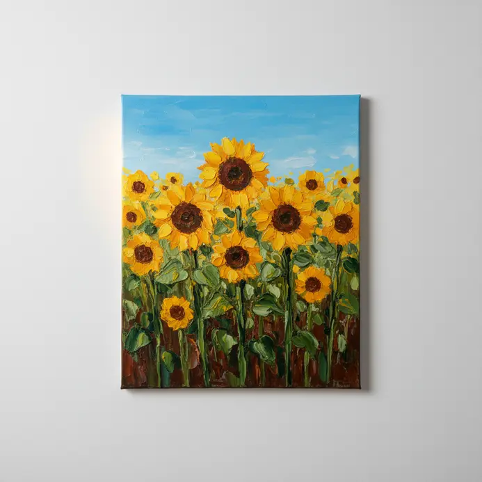 A cheerful meadow landscape painted with acrylics, showing bright yellow sunflowers with brown centers against a blue sky.