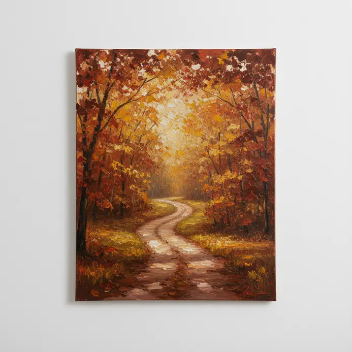 An autumn path landscape in acrylics, with a curved brown road flanked by trees with orange and red leaves.