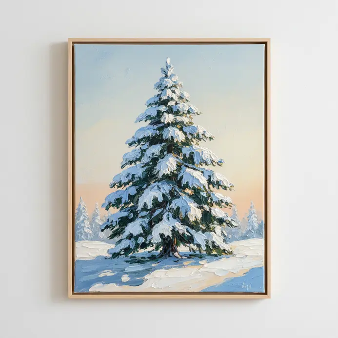 A winter forest scene painted in acrylics, with dark green pine trees heavily laden with white snow.