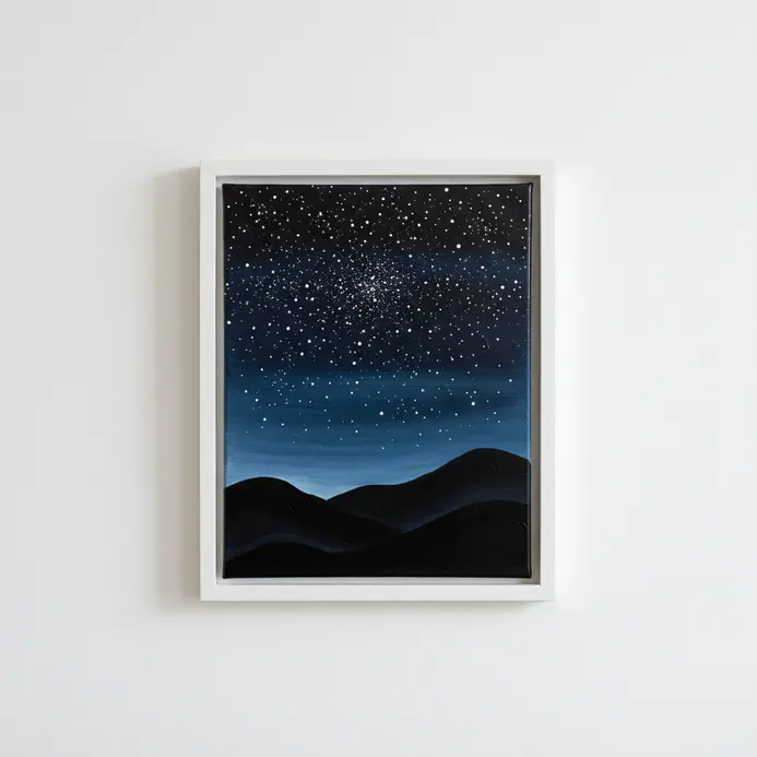 A night sky landscape in acrylics, featuring a deep blue and black sky filled with small white stars over dark hills.