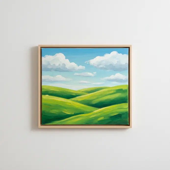 A summer grassland painted with acrylics in varying shades of green, with fluffy white clouds in a light blue sky.