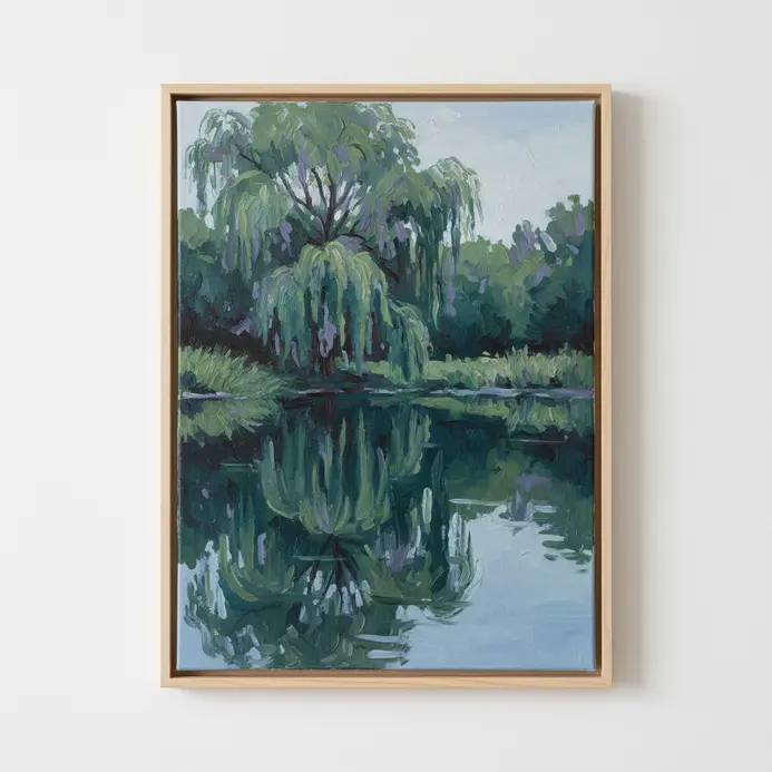 A calm pond landscape in acrylics showing a willow tree and its mirror image in the still, dark water.