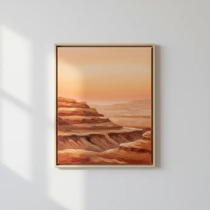A canyon landscape painted in acrylics with layered orange and red rock walls under a warm, gradient sky.