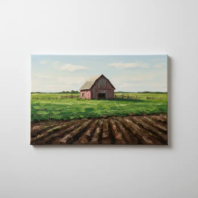 A rural farm landscape in acrylics featuring a classic red barn surrounded by green fields and a fence.