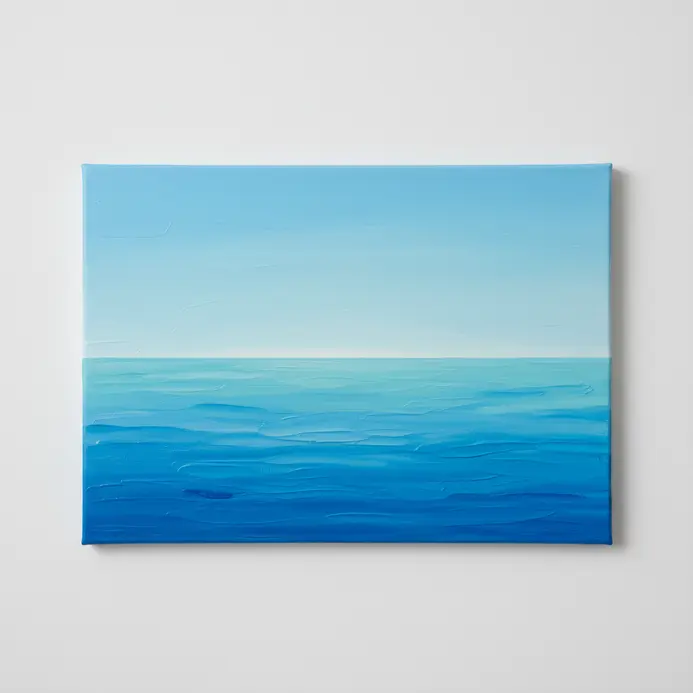 A simple seascape in acrylics with horizontal bands of different blue tones for the ocean and a lighter blue sky.