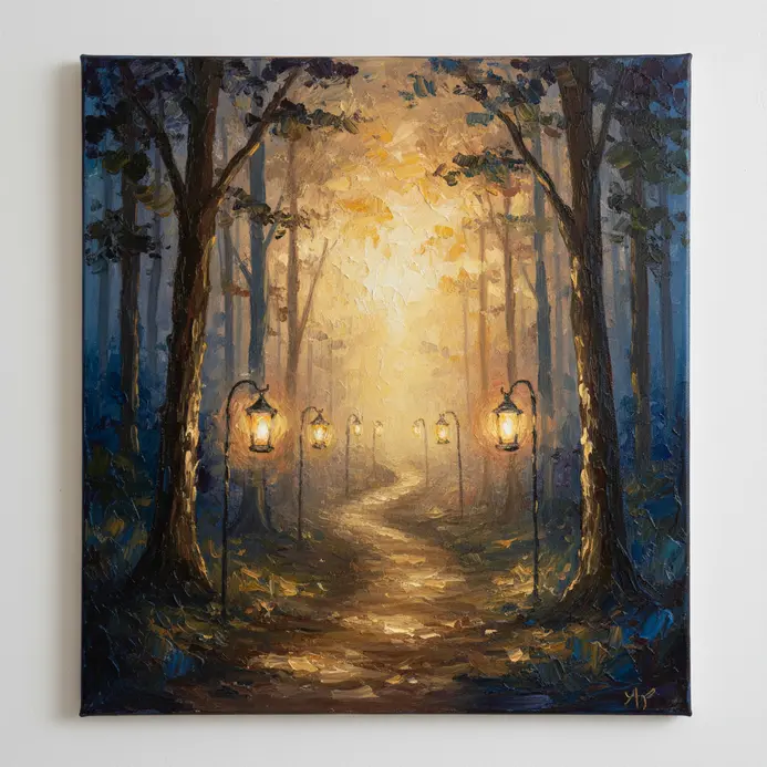 A nighttime forest path illuminated by a warm yellow lantern glow, painted with dark acrylics and a bright light source.