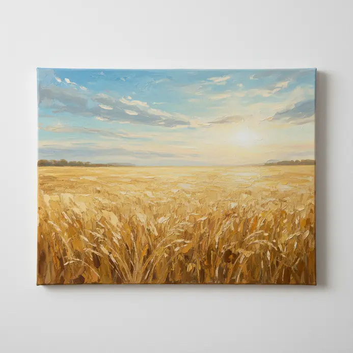 A warm summer landscape painted with acrylics, showing a field of yellow and gold wheat under a bright blue sky.