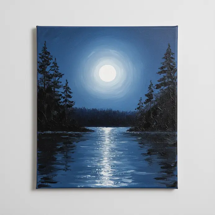 A nocturnal lakeside scene in acrylics with deep blue water, black shoreline trees, and a white moon reflection.