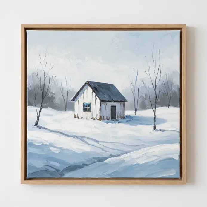 A winter landscape in acrylics featuring a simple white cabin with a dark roof surrounded by blue-tinted snow.