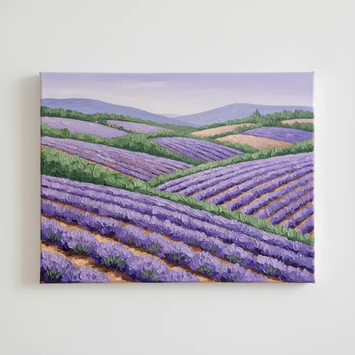 A colorful landscape of rolling hills covered in purple lavender, painted with acrylics in varying shades of violet and green.