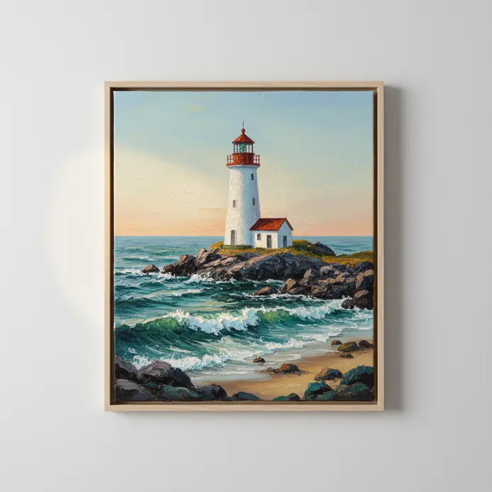 A coastal scene in acrylics with a white and red lighthouse standing against blue ocean waves and a grey sky.