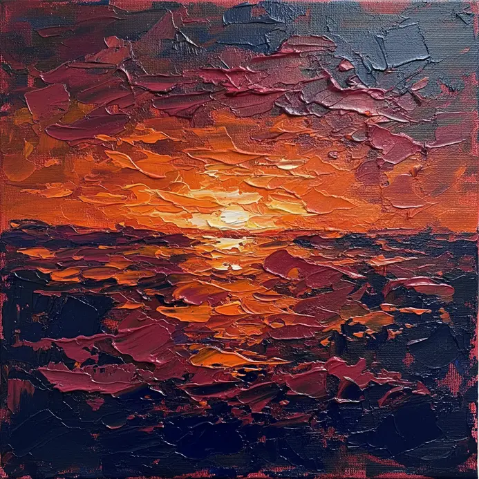 A textured acrylic painting of a vibrant sunset horizon with thick bands of orange, pink, and purple reflecting on water.